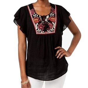 Style & Co. Peasant Top Blouse MEDIUM Boho Tassel Embroidered Butterfly Sleeve